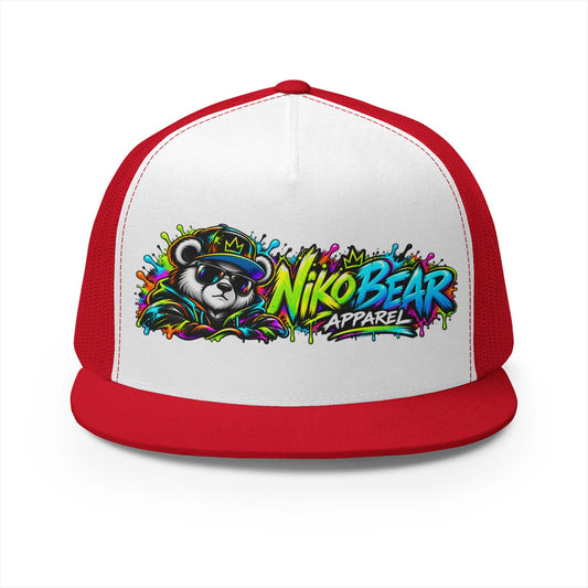 "NikoBear Apparel Colorful Graffiti Bear 5 Panel Trucker Cap | Urban Streetwear Hat Snapback