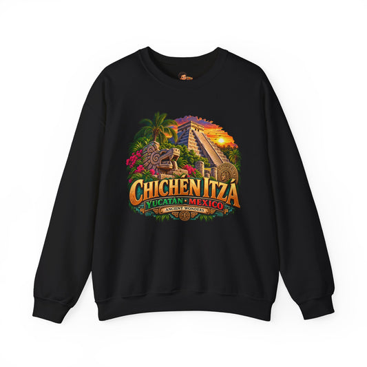 Ancient Wonders Chichen Itza Graphic Crewneck - Unisex Red Mexico Souvenir Sweatshirt