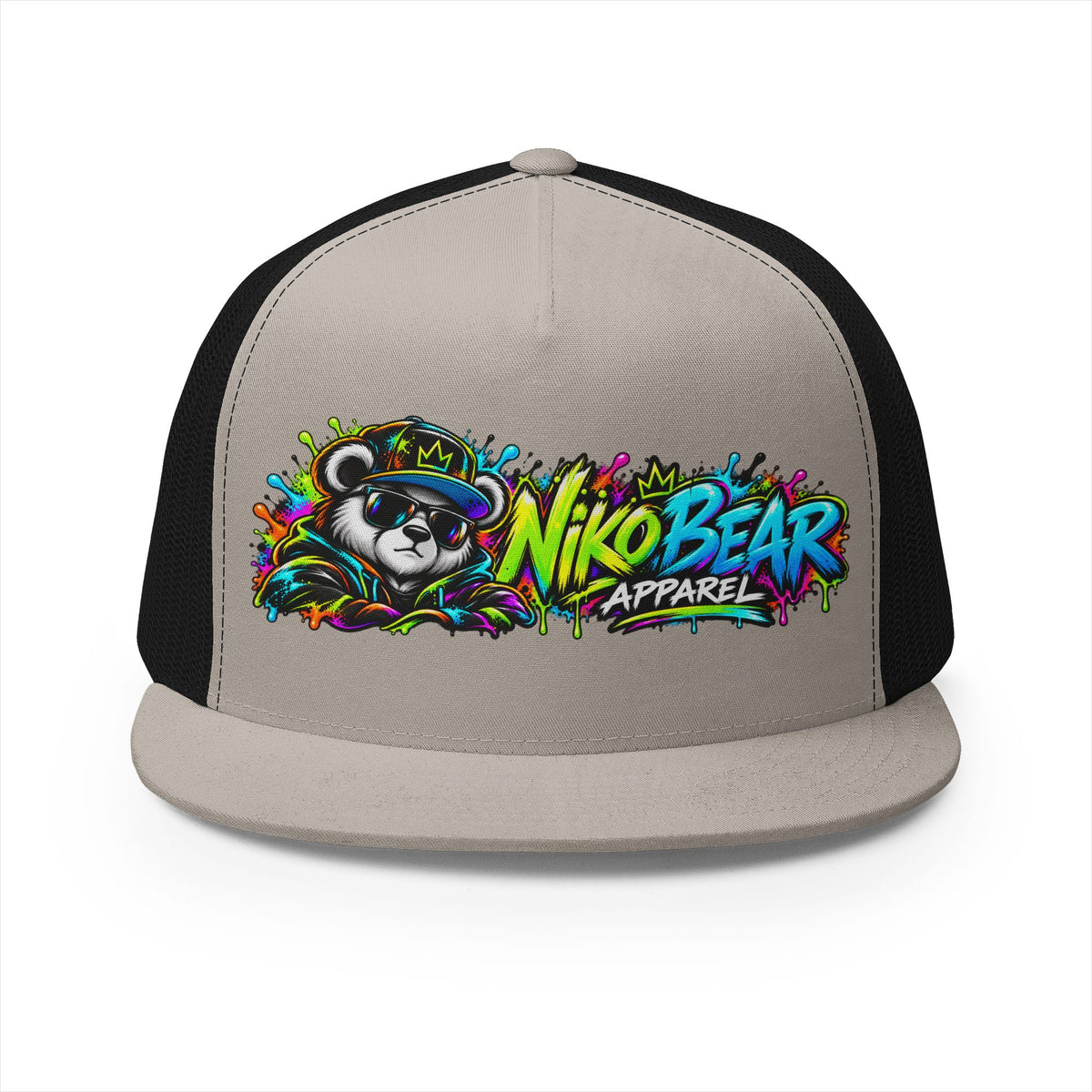 "NikoBear Apparel Colorful Graffiti Bear 5 Panel Trucker Cap | Urban Streetwear Hat Snapback