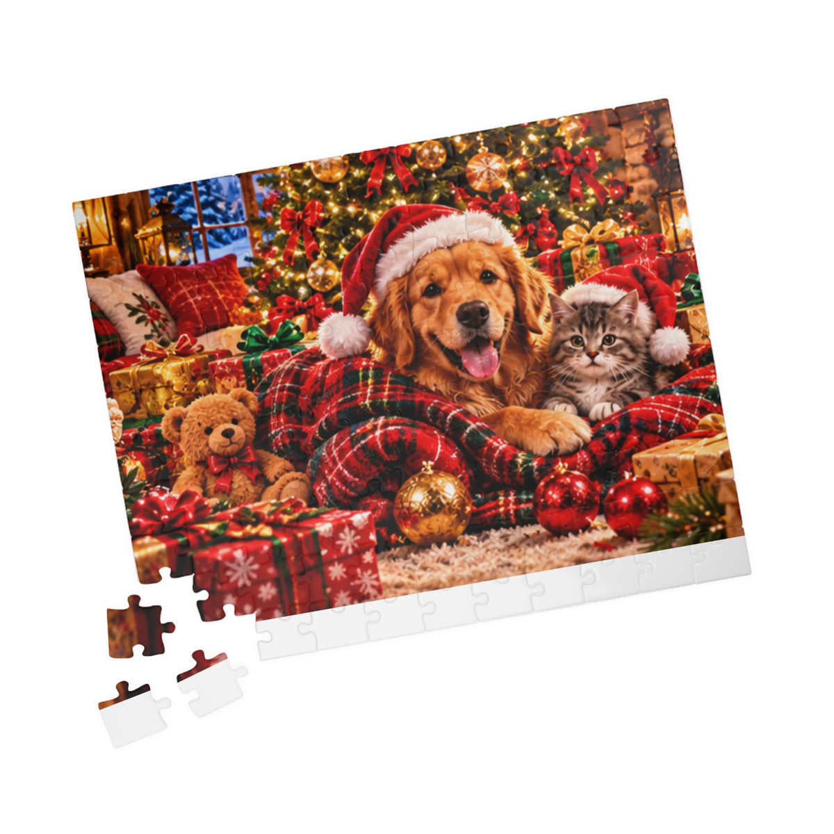 Cozy Christmas Dog and Kitten Jigsaw Puzzle with Santa Hat & Tree