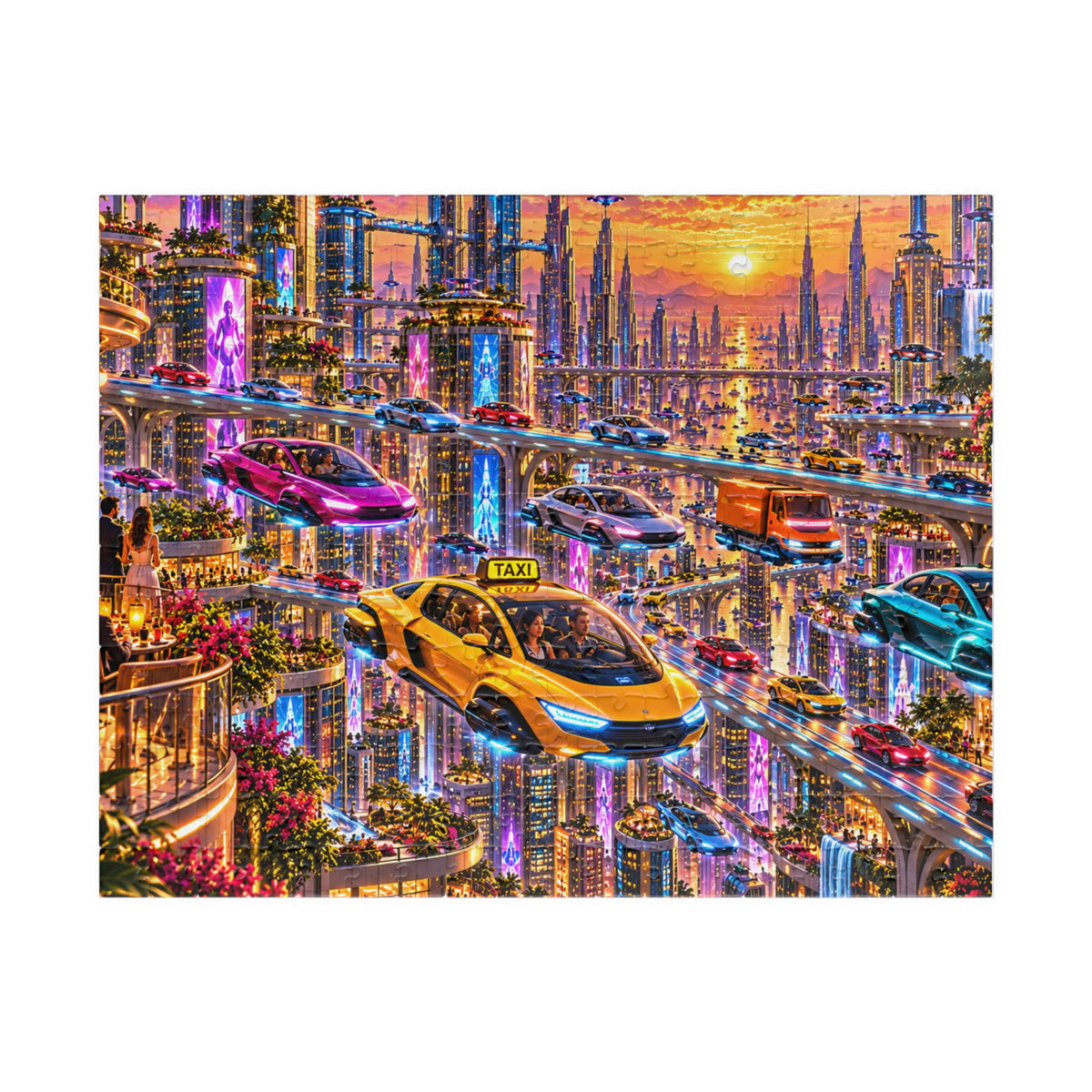 Futuristic City Jigsaw Puzzle - Cyberpunk Flying Cars Sunset - 110, 252, 520, 1014 Pcs