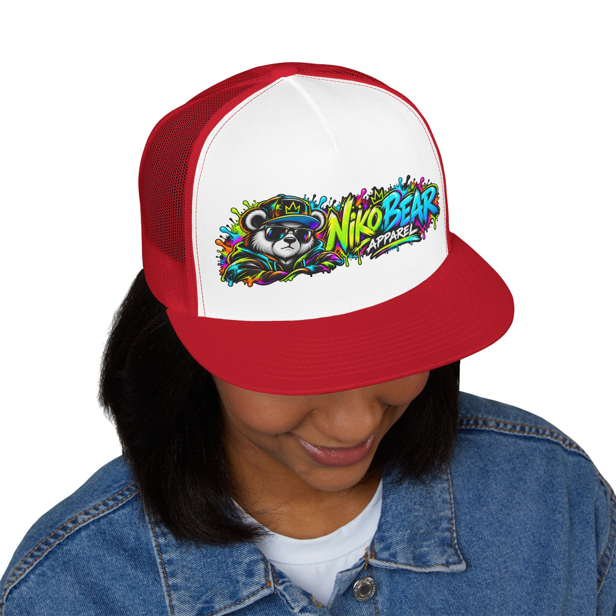 "NikoBear Apparel Colorful Graffiti Bear 5 Panel Trucker Cap | Urban Streetwear Hat Snapback