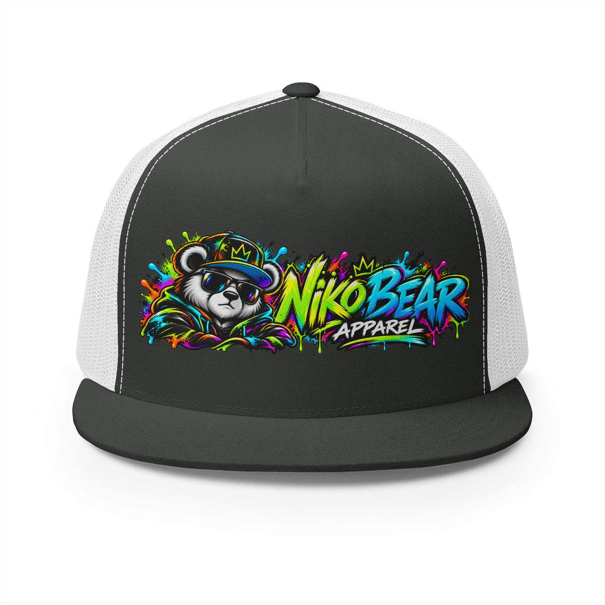 "NikoBear Apparel Colorful Graffiti Bear 5 Panel Trucker Cap | Urban Streetwear Hat Snapback