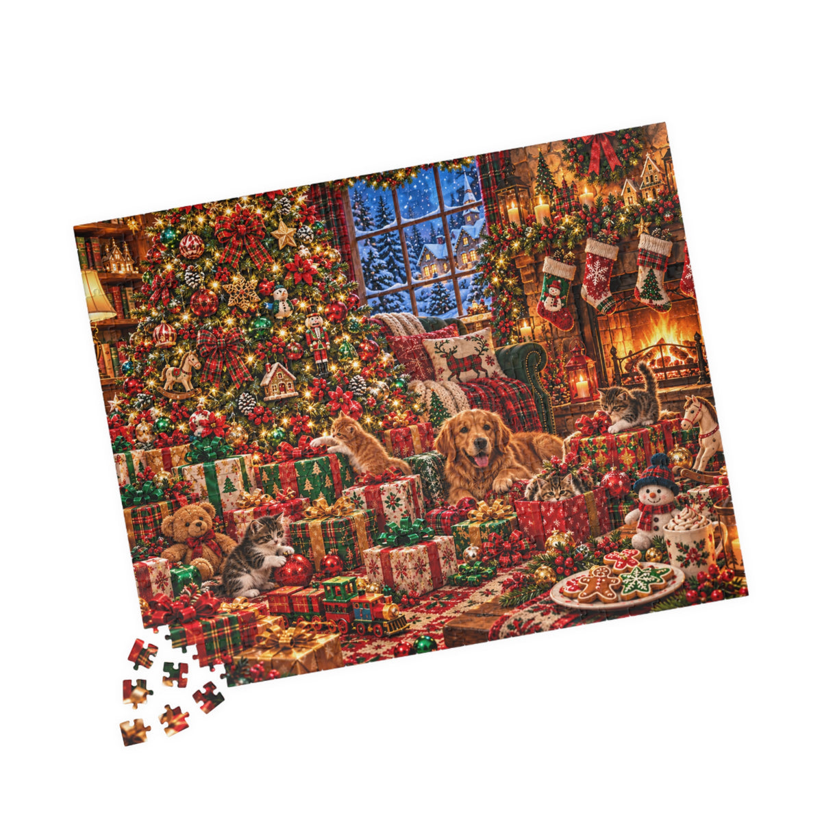 Cozy Christmas Pets Jigsaw Puzzle - Dog & Kittens Holiday Gift