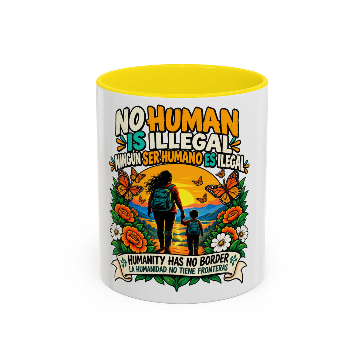 No Human Is Illegal Accent Mug — Immigrant Rights Coffee Cup