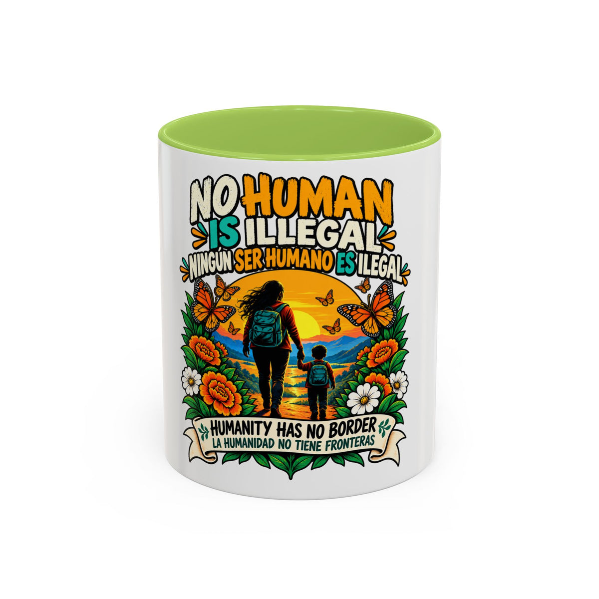 No Human Is Illegal Accent Mug — Immigrant Rights Coffee Cup