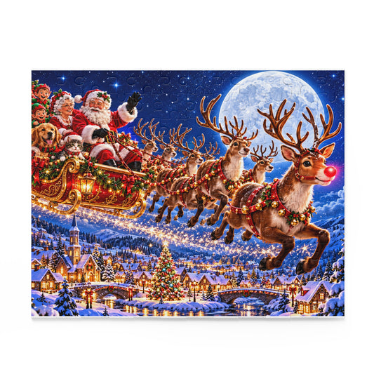 Santa Sleigh Flying Reindeer Christmas Jigsaw Puzzle for Kids Adults (120, 252, 500 Pcs)