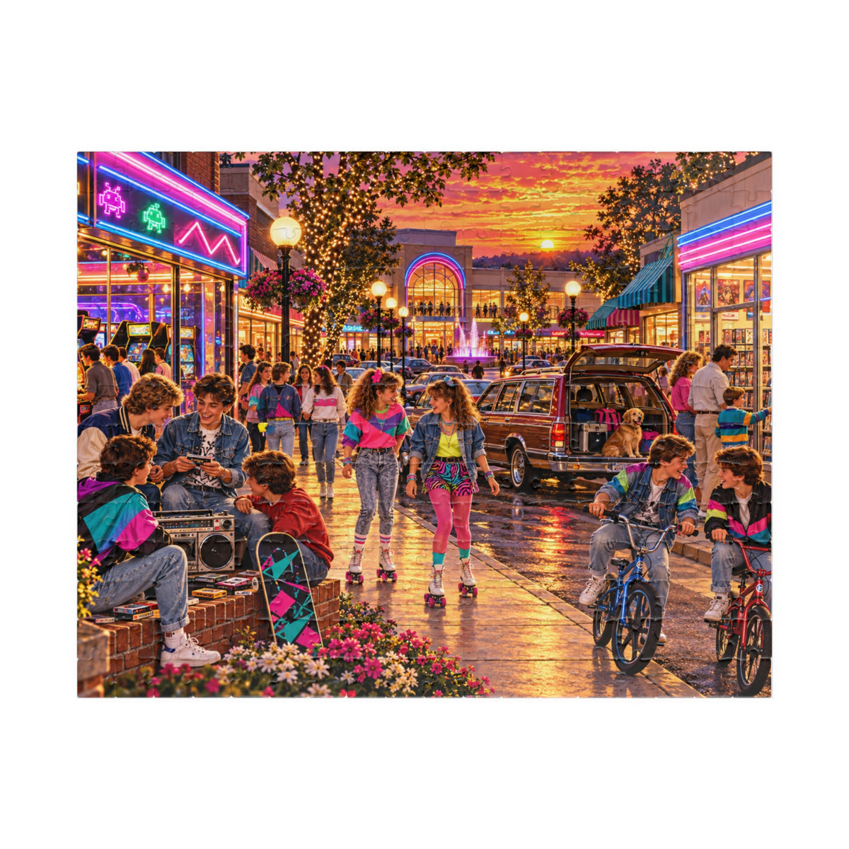 Retro 80s Neon Sunset Mall Jigsaw Puzzle for Adults & Kids | Vintage Nostalgia Gift