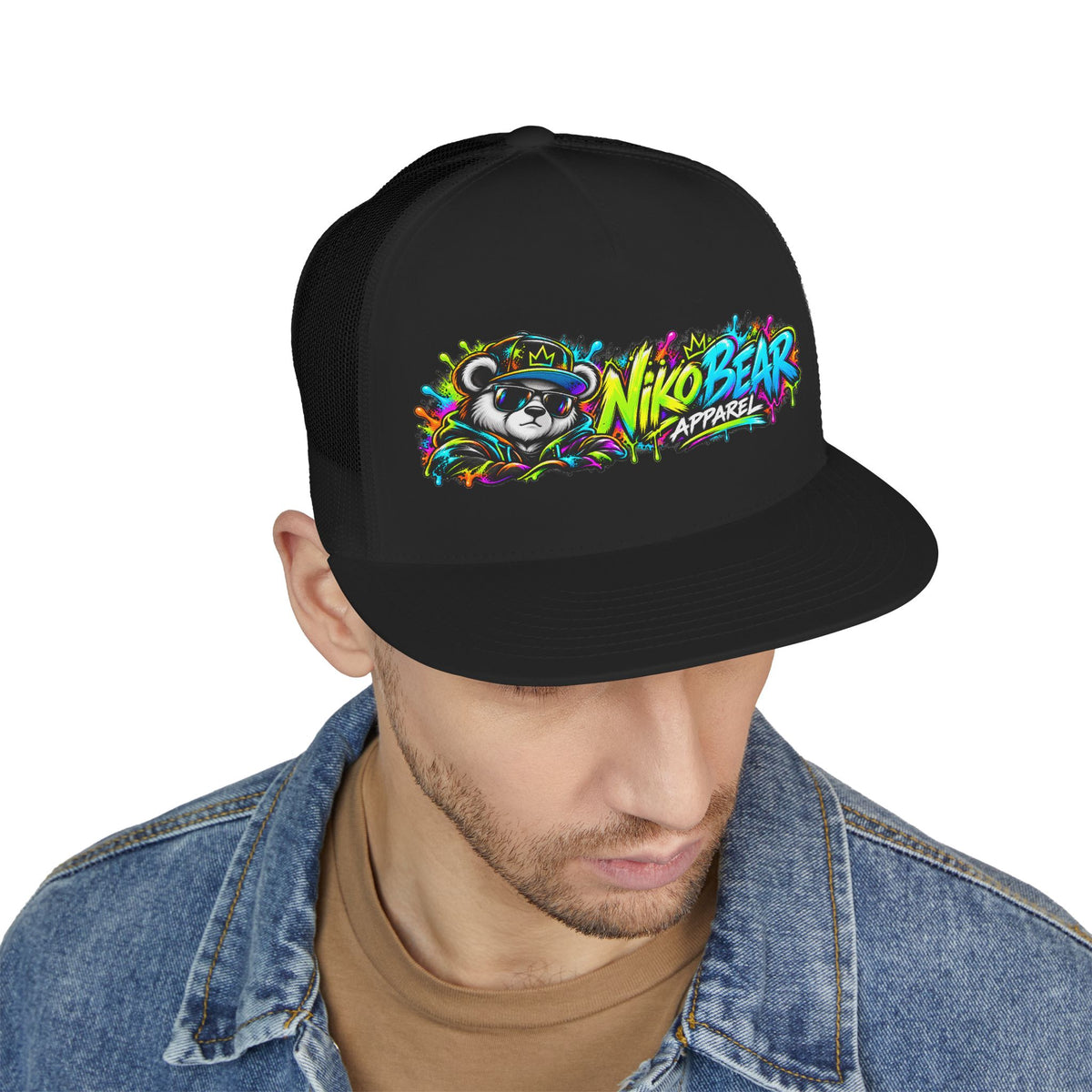 "NikoBear Apparel Colorful Graffiti Bear 5 Panel Trucker Cap | Urban Streetwear Hat Snapback