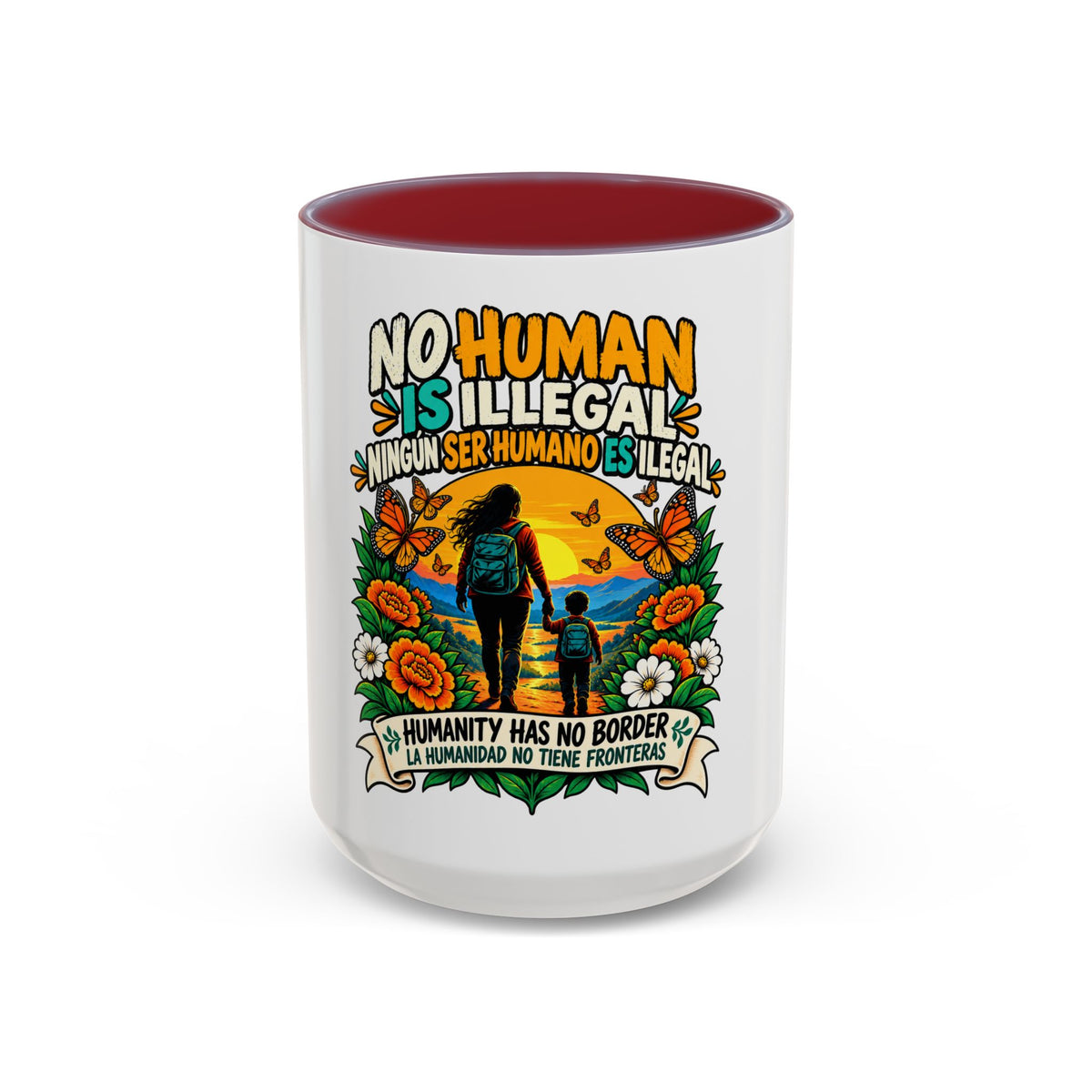 No Human Is Illegal Accent Mug — Immigrant Rights Coffee Cup