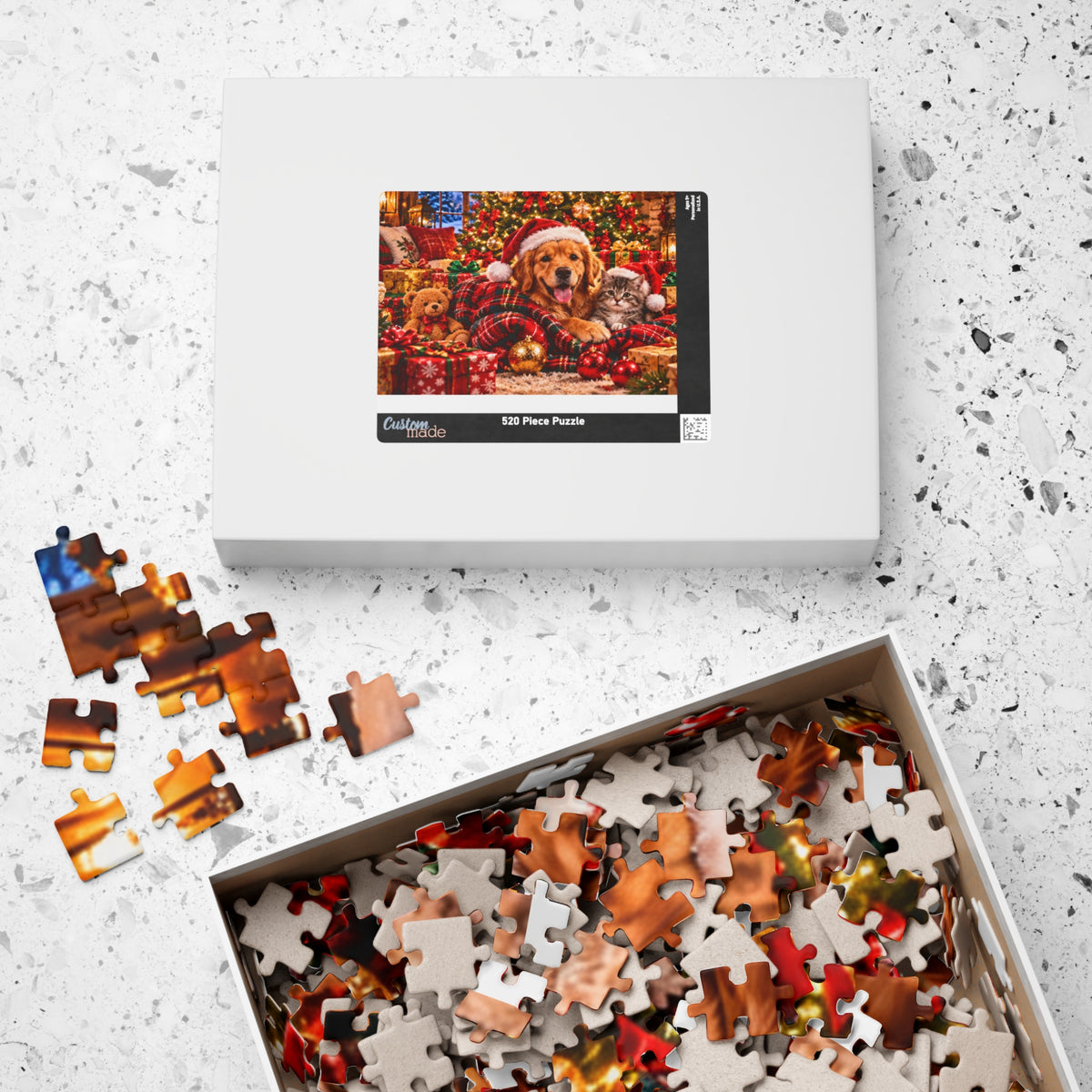 Cozy Christmas Dog and Kitten Jigsaw Puzzle with Santa Hat & Tree