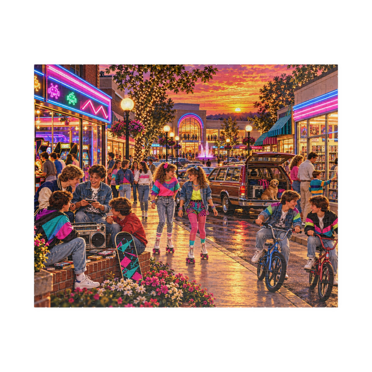 Retro 80s Neon Sunset Mall Jigsaw Puzzle for Adults & Kids | Vintage Nostalgia Gift