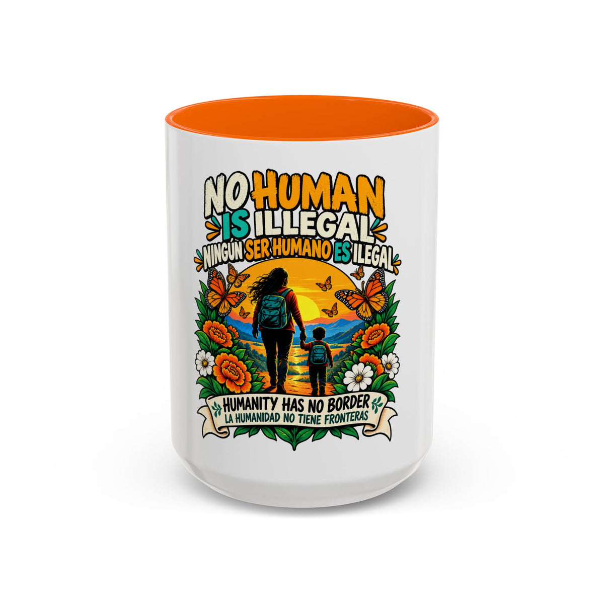 No Human Is Illegal Accent Mug — Immigrant Rights Coffee Cup