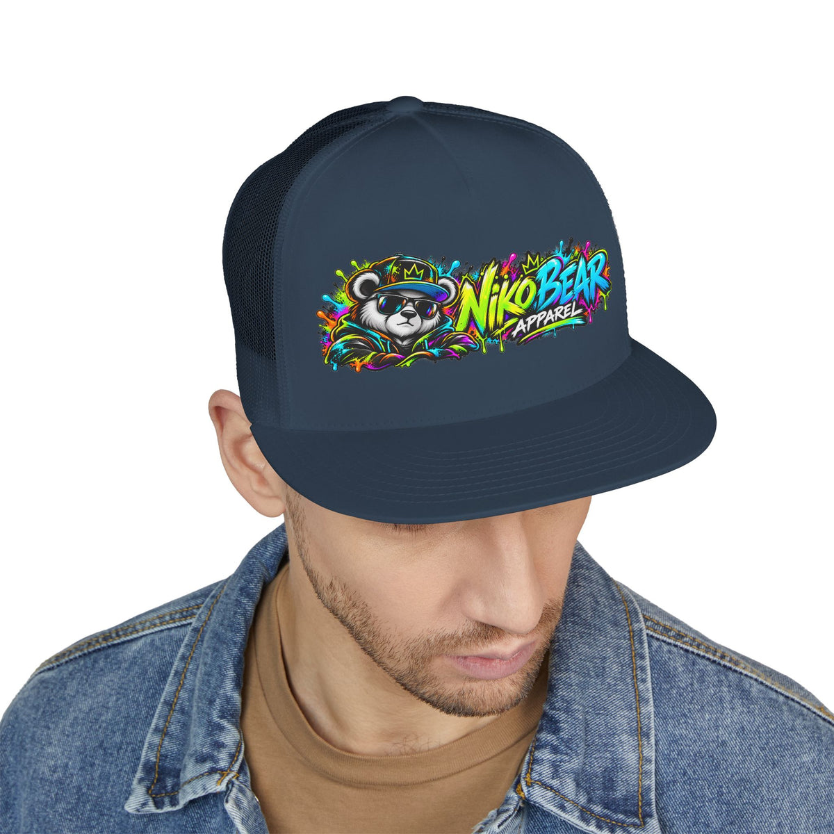 "NikoBear Apparel Colorful Graffiti Bear 5 Panel Trucker Cap | Urban Streetwear Hat Snapback