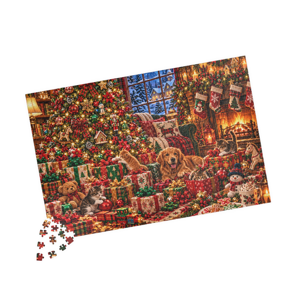 Cozy Christmas Pets Jigsaw Puzzle - Dog & Kittens Holiday Gift