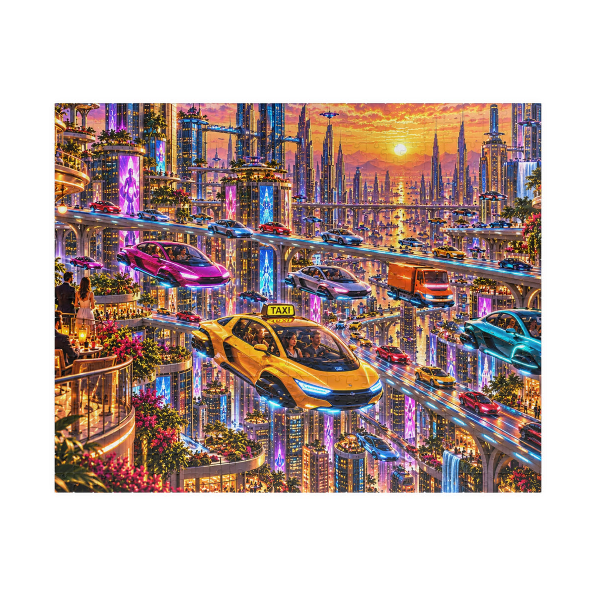 Futuristic City Jigsaw Puzzle - Cyberpunk Flying Cars Sunset - 110, 252, 520, 1014 Pcs