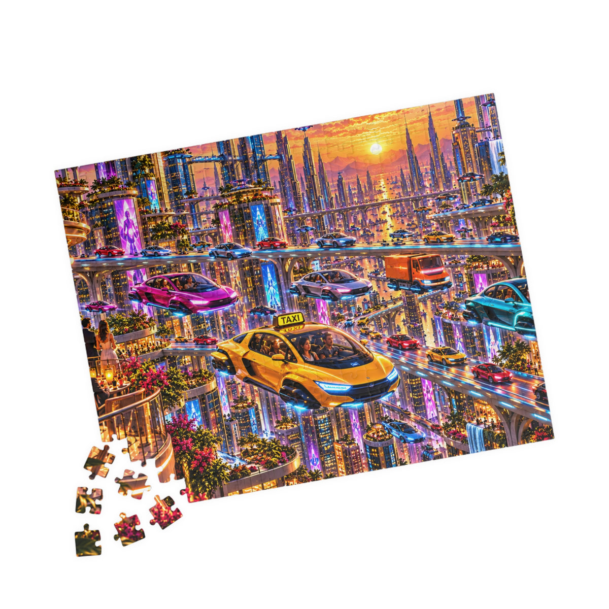 Futuristic City Jigsaw Puzzle - Cyberpunk Flying Cars Sunset - 110, 252, 520, 1014 Pcs