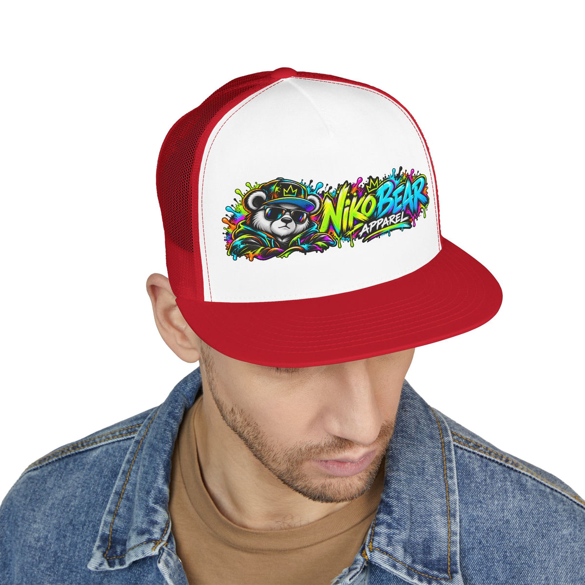 "NikoBear Apparel Colorful Graffiti Bear 5 Panel Trucker Cap | Urban Streetwear Hat Snapback