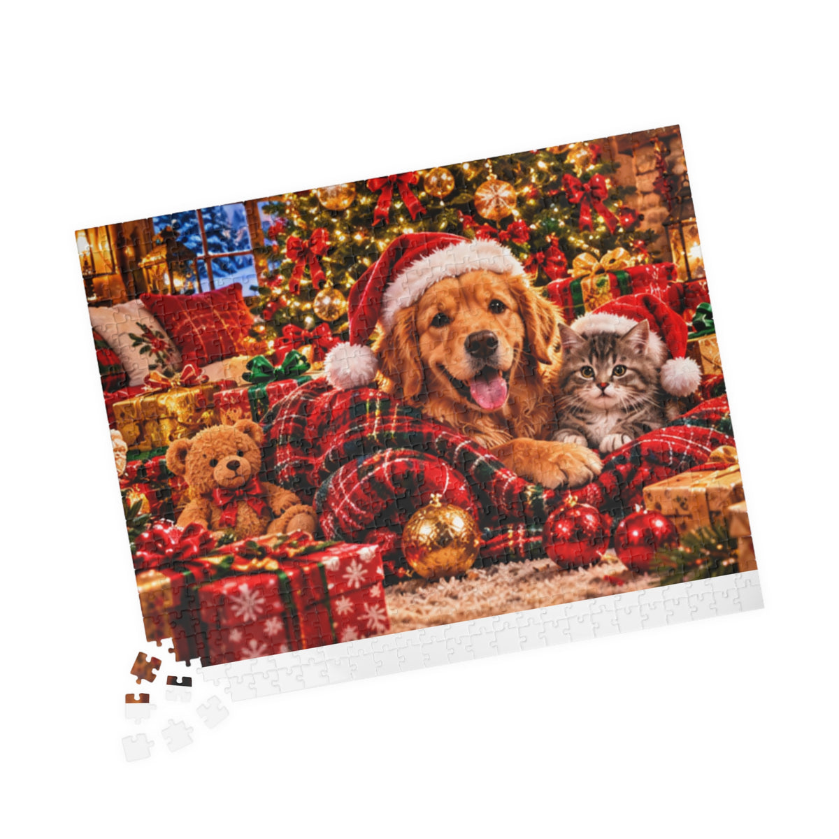 Cozy Christmas Dog and Kitten Jigsaw Puzzle with Santa Hat & Tree