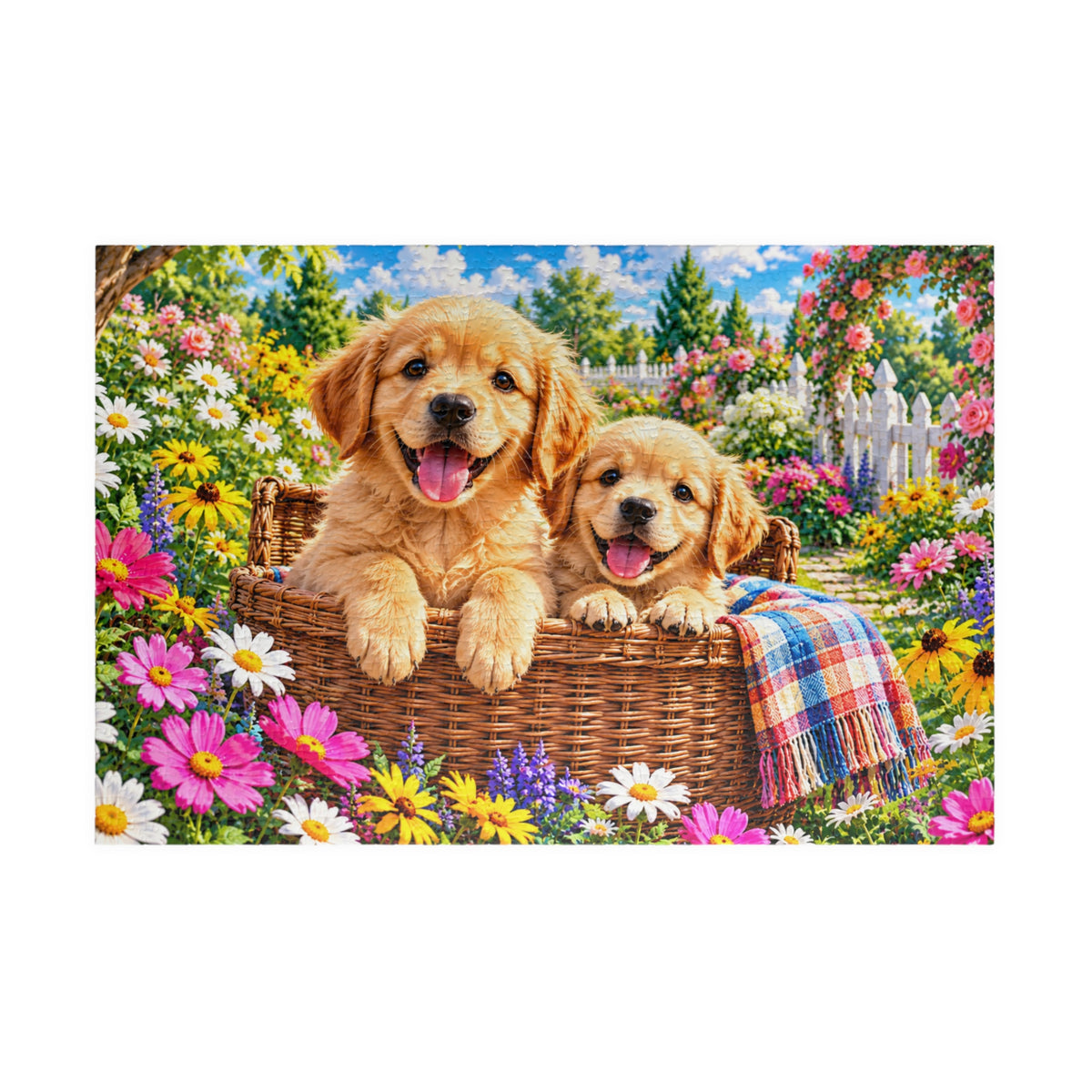Golden Retriever Puppies in Garden Basket Jigsaw Puzzle (110–1014 Pieces)