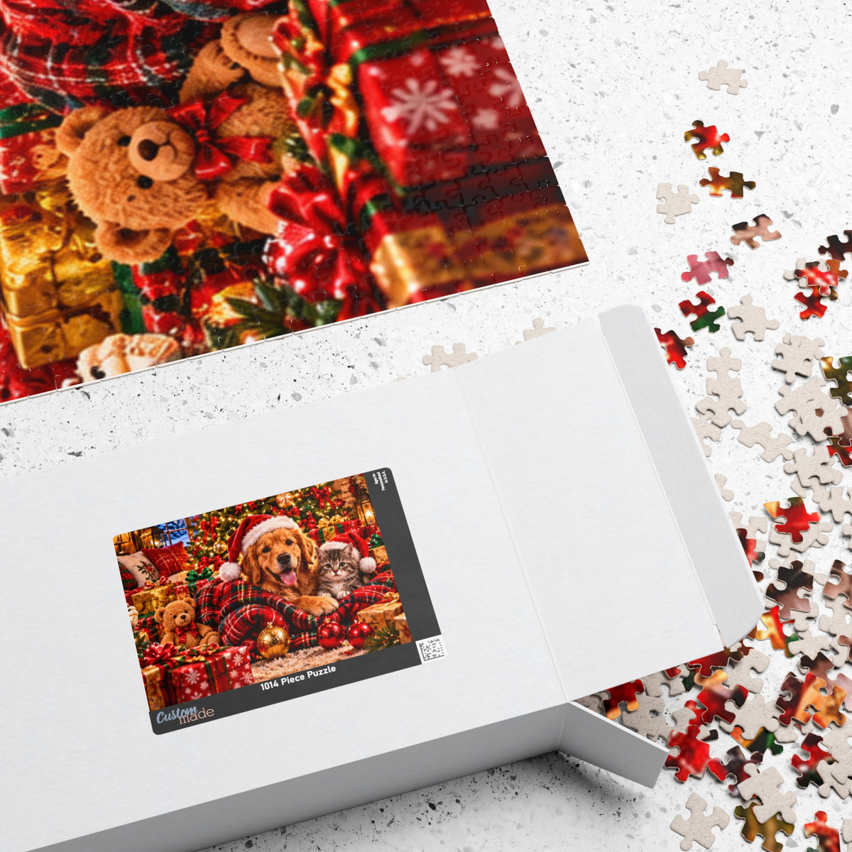 Cozy Christmas Dog and Kitten Jigsaw Puzzle with Santa Hat & Tree