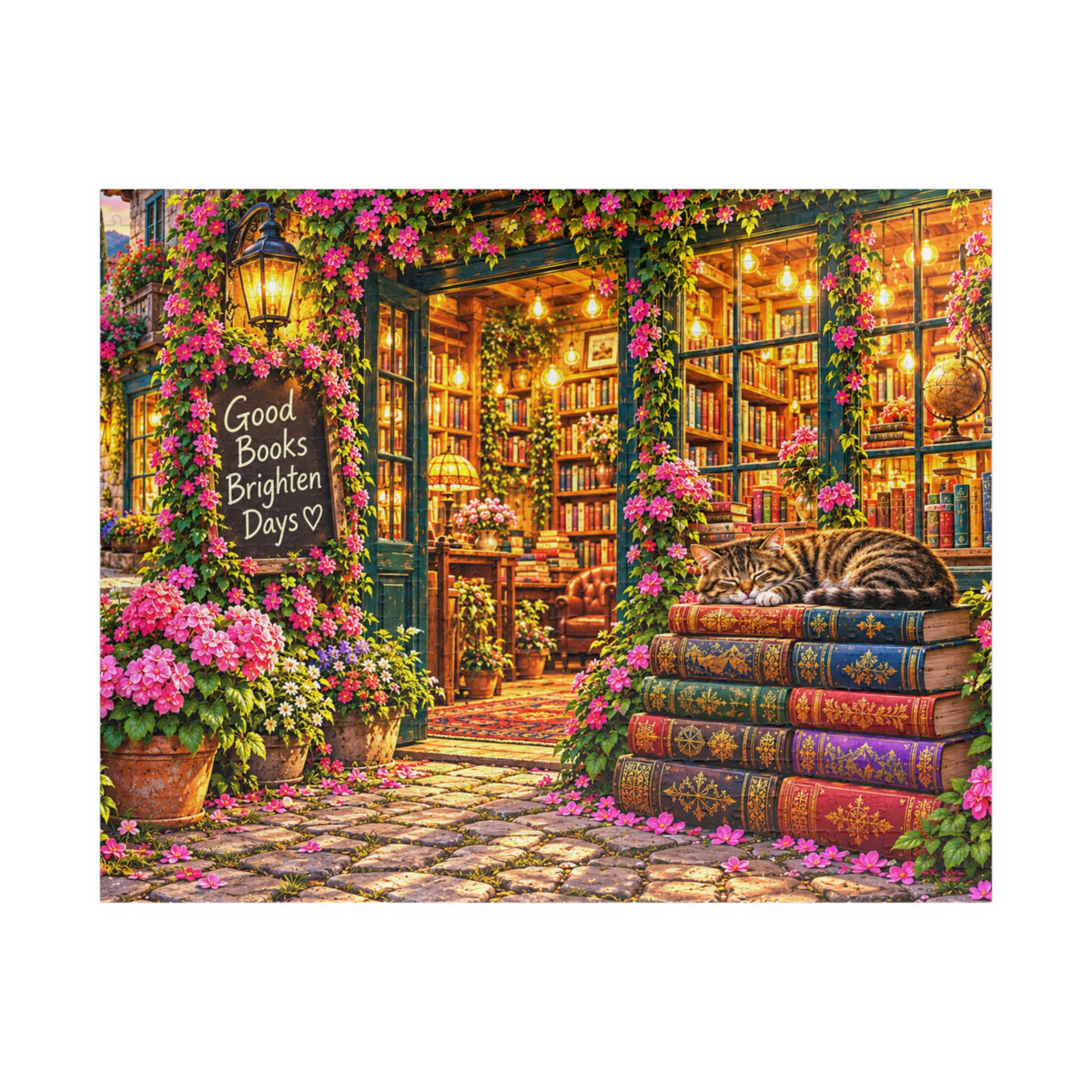 Cozy Bookshop Jigsaw Puzzle for Adults – Cat & Floral Bookstore (110, 252, 520, 1014 Pcs)