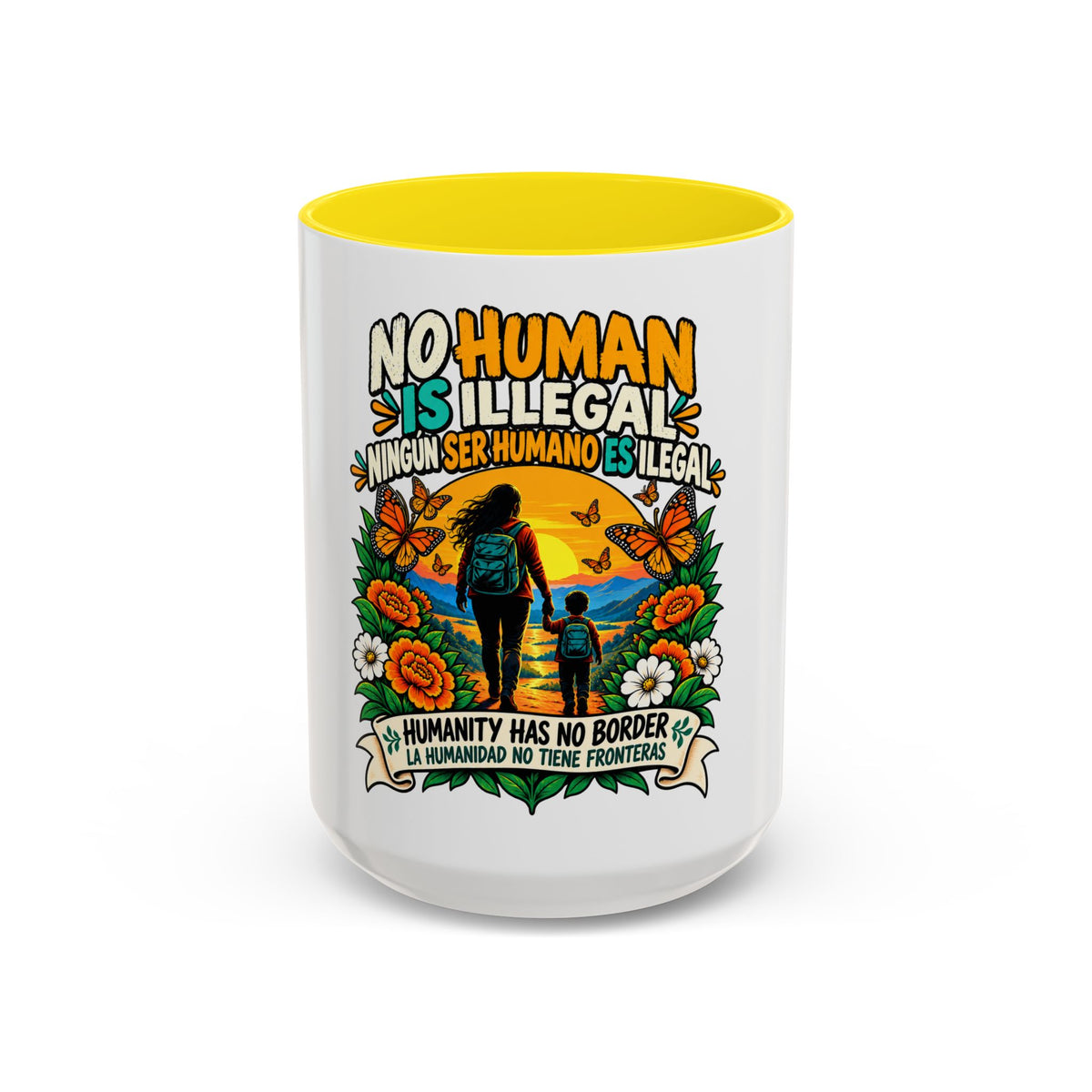 No Human Is Illegal Accent Mug — Immigrant Rights Coffee Cup