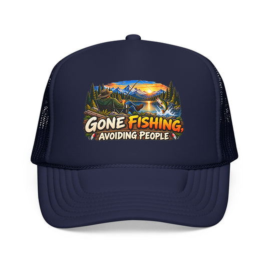Funny Fishing Foam Trucker Hat – "Gone Fishing Avoiding People" Outdoor Mesh Cap