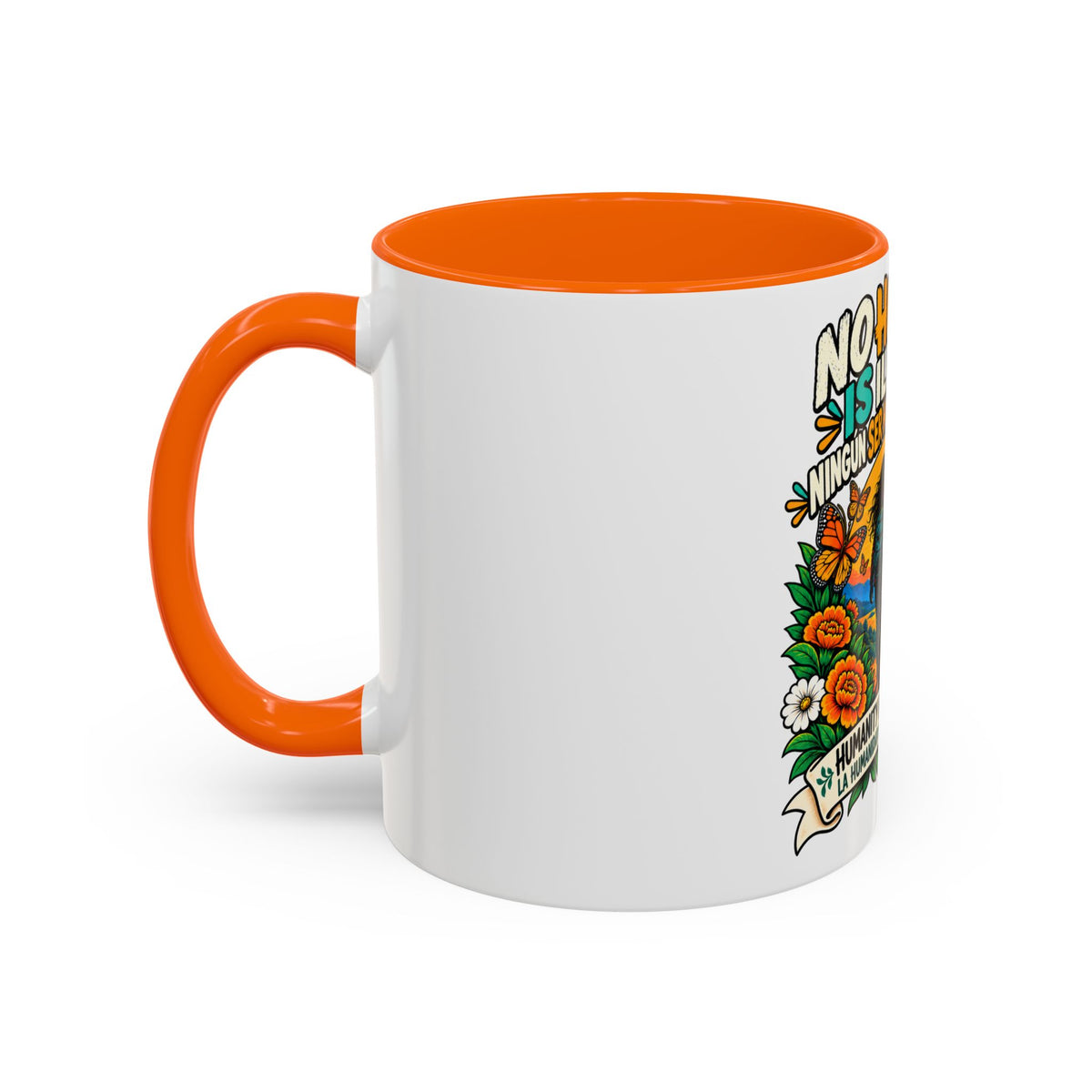 No Human Is Illegal Accent Mug — Immigrant Rights Coffee Cup