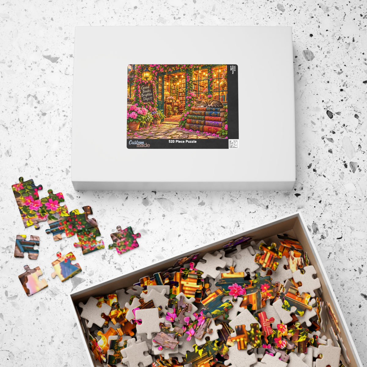 Cozy Bookshop Jigsaw Puzzle for Adults – Cat & Floral Bookstore (110, 252, 520, 1014 Pcs)