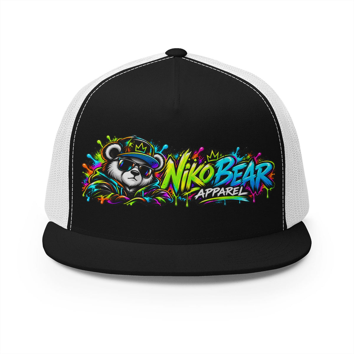 "NikoBear Apparel Colorful Graffiti Bear 5 Panel Trucker Cap | Urban Streetwear Hat Snapback