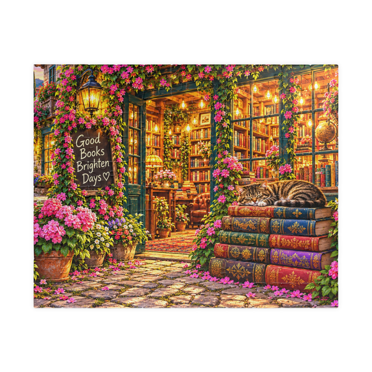 Cozy Bookshop Jigsaw Puzzle for Adults – Cat & Floral Bookstore (110, 252, 520, 1014 Pcs)