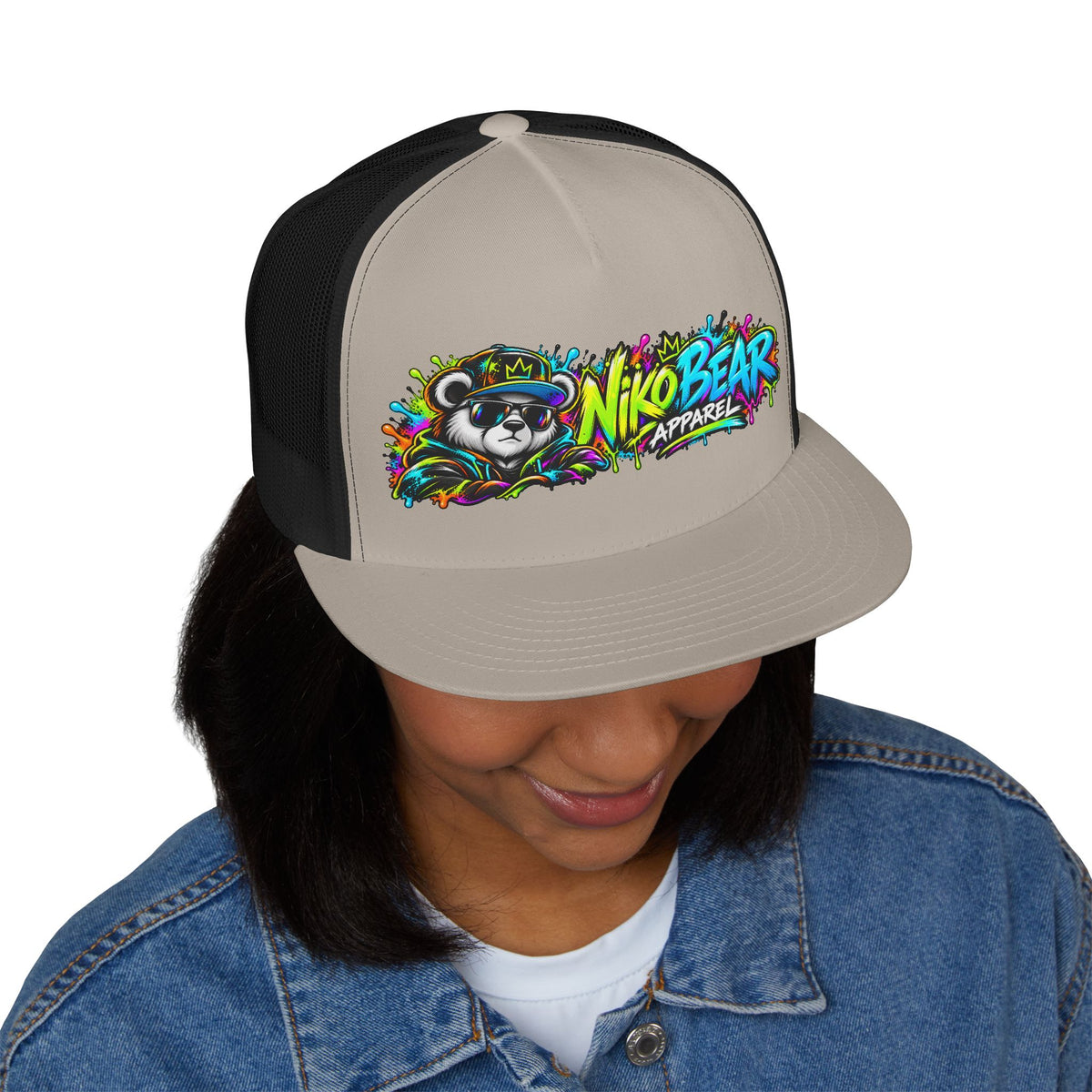 "NikoBear Apparel Colorful Graffiti Bear 5 Panel Trucker Cap | Urban Streetwear Hat Snapback