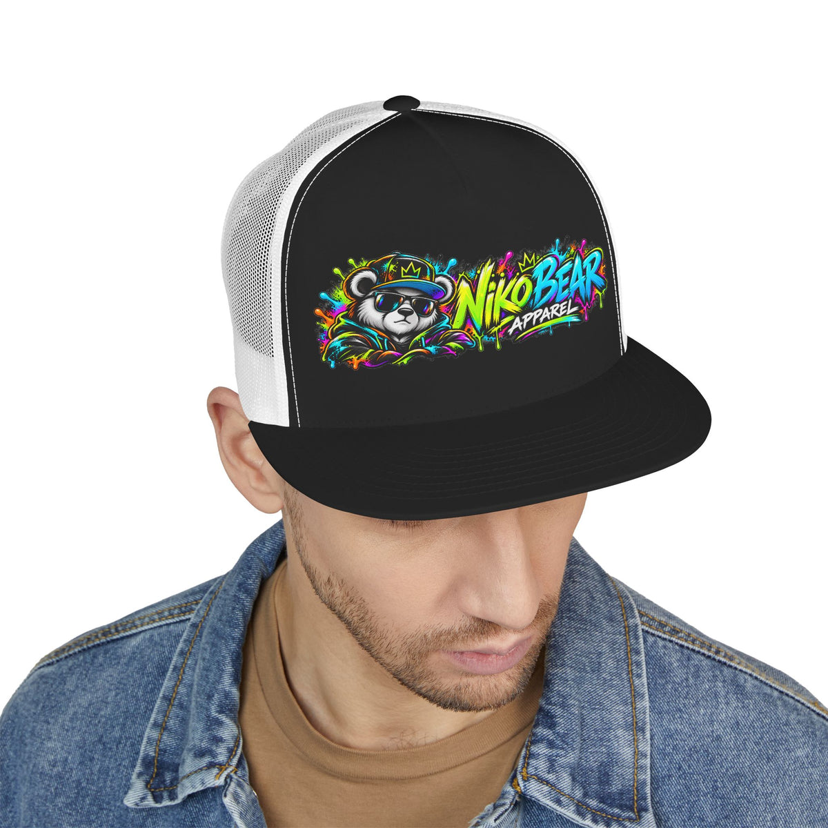 "NikoBear Apparel Colorful Graffiti Bear 5 Panel Trucker Cap | Urban Streetwear Hat Snapback