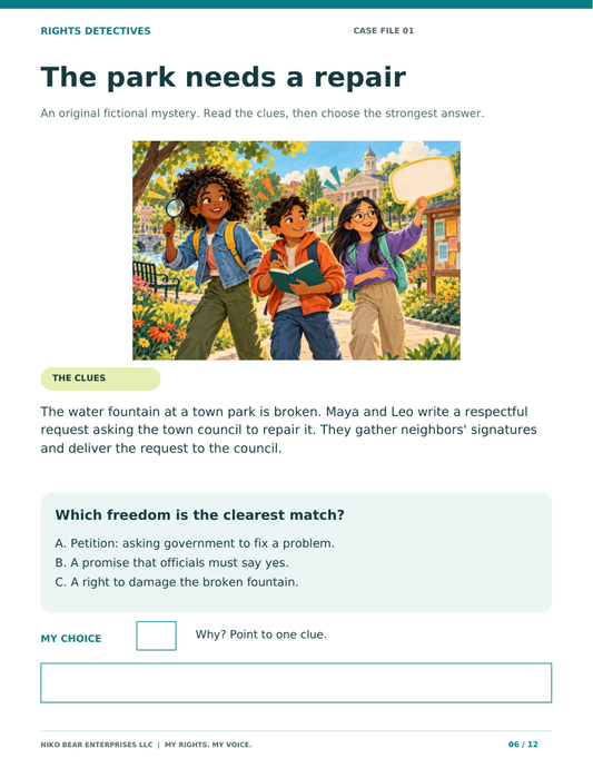 Sample inside page: solve the park petition mystery in this printable civics workbook.