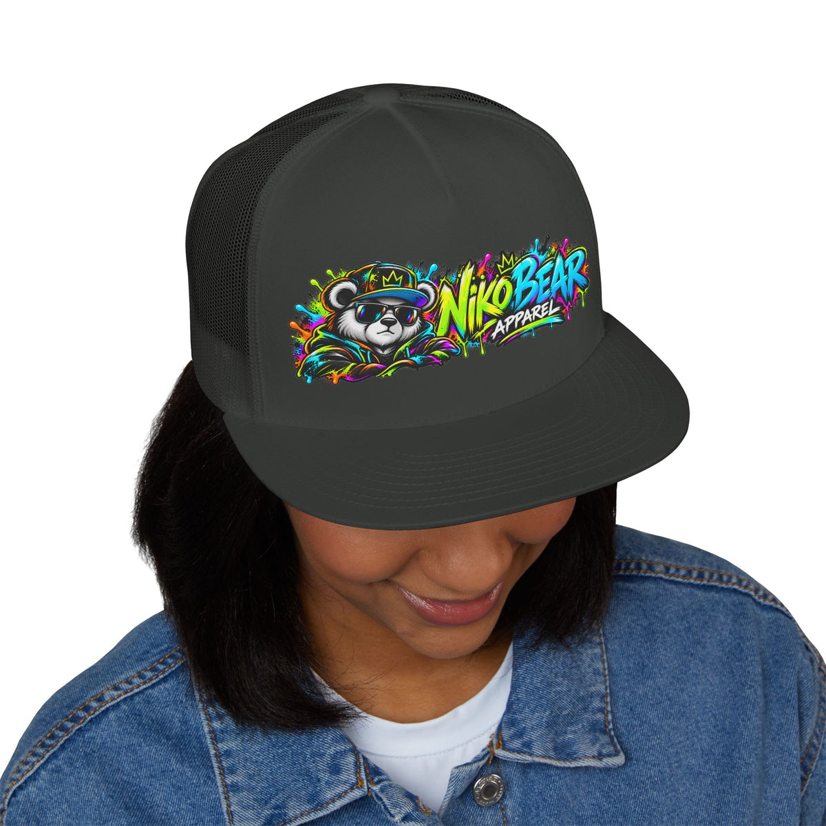 "NikoBear Apparel Colorful Graffiti Bear 5 Panel Trucker Cap | Urban Streetwear Hat Snapback