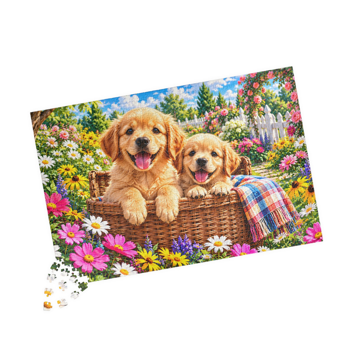 Golden Retriever Puppies in Garden Basket Jigsaw Puzzle (110–1014 Pieces)