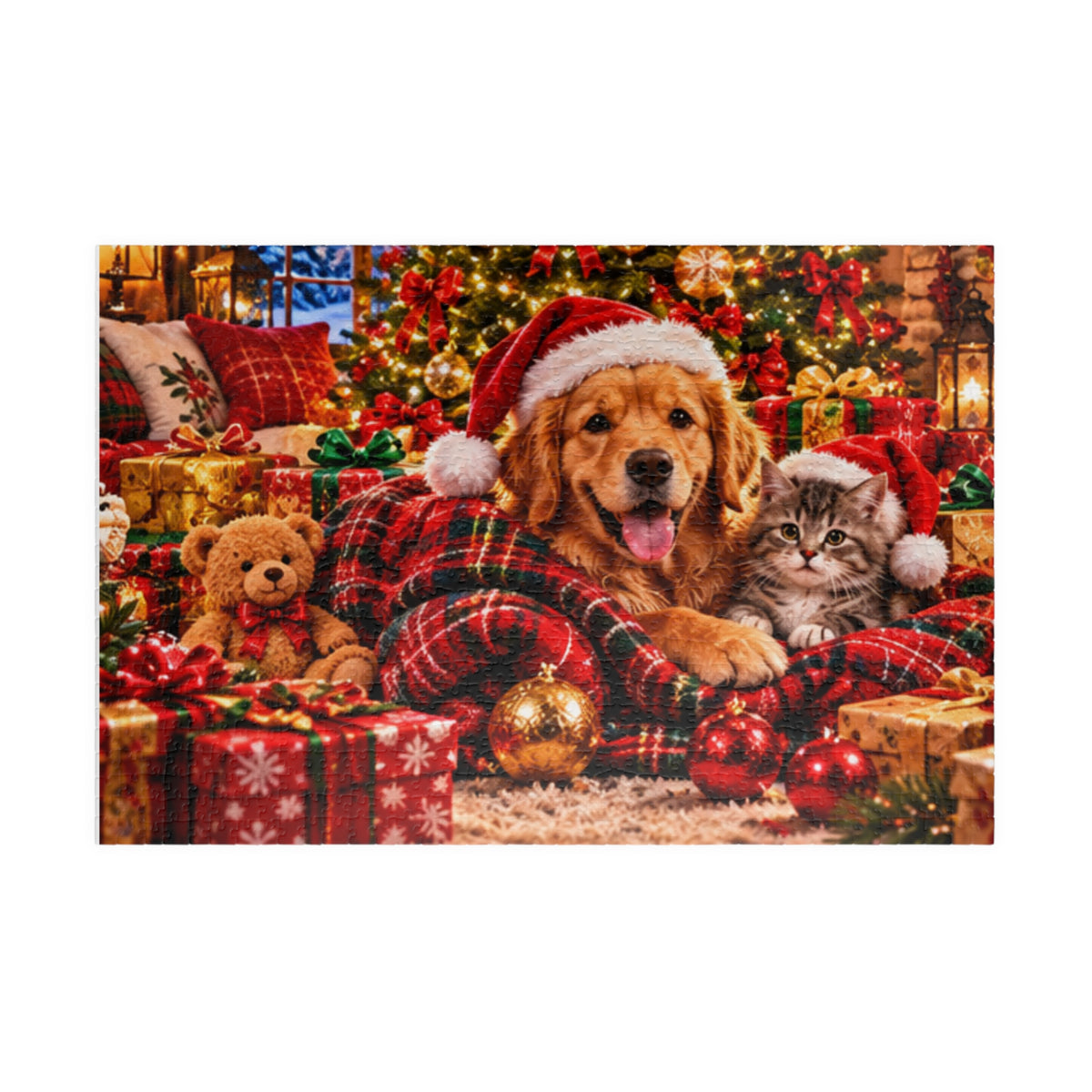 Cozy Christmas Dog and Kitten Jigsaw Puzzle with Santa Hat & Tree