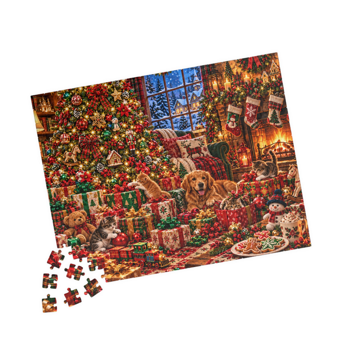Cozy Christmas Pets Jigsaw Puzzle - Dog & Kittens Holiday Gift