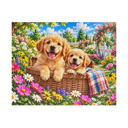 Golden Retriever Puppies in Garden Basket Jigsaw Puzzle (110–1014 Pieces)
