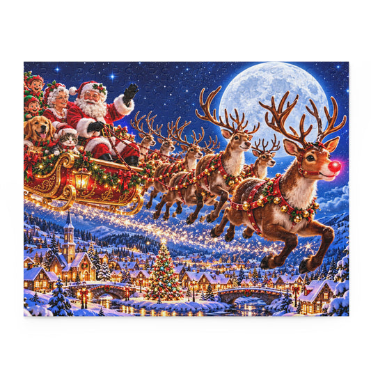 Santa Sleigh Flying Reindeer Christmas Jigsaw Puzzle for Kids Adults (120, 252, 500 Pcs)