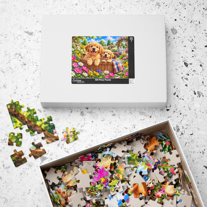 Golden Retriever Puppies in Garden Basket Jigsaw Puzzle (110–1014 Pieces)