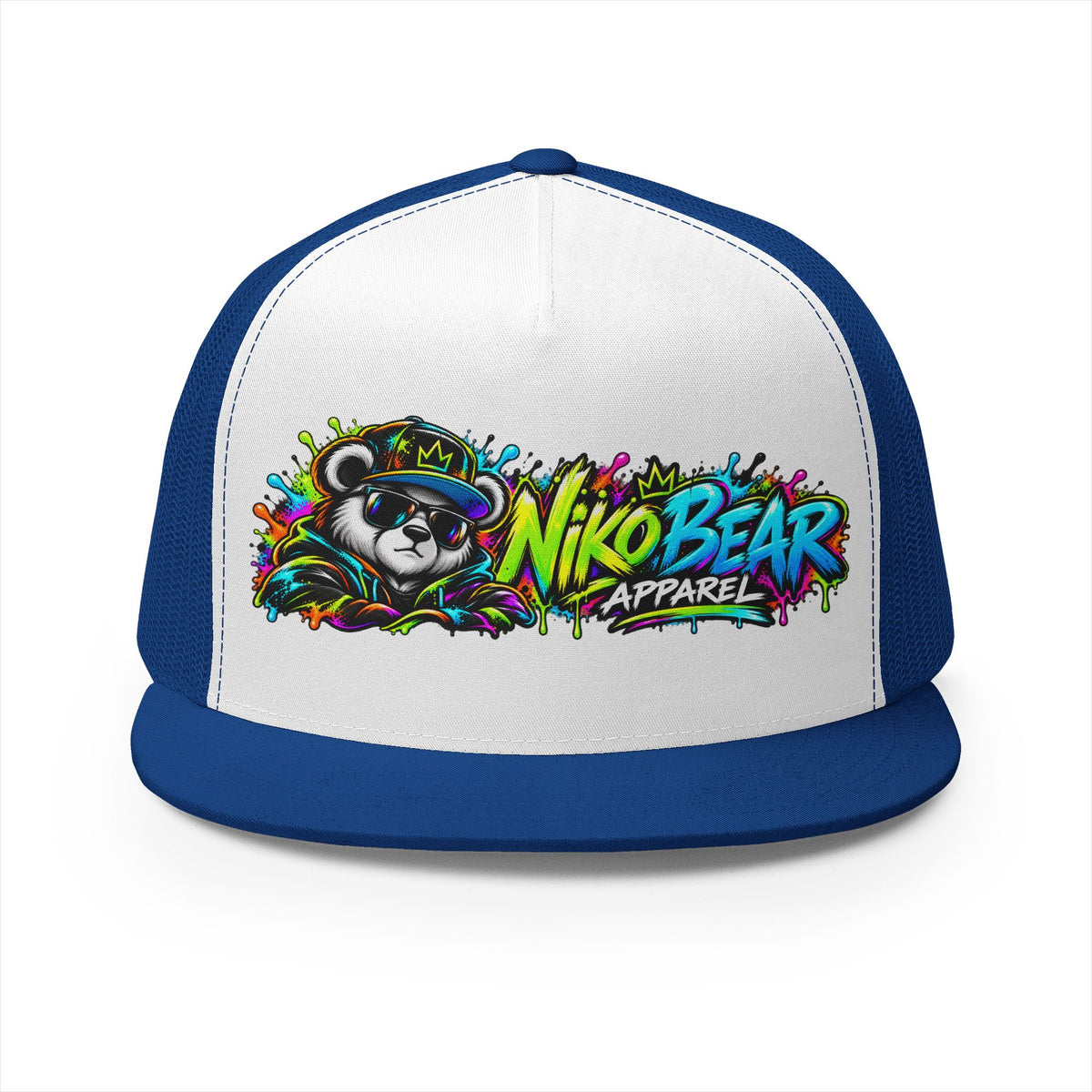 "NikoBear Apparel Colorful Graffiti Bear 5 Panel Trucker Cap | Urban Streetwear Hat Snapback
