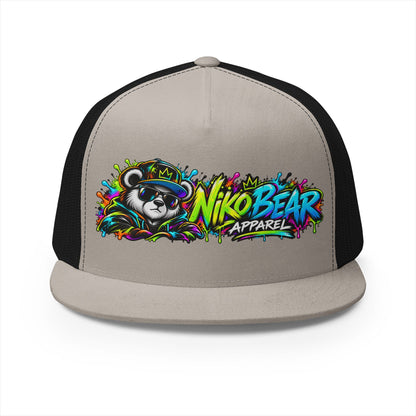 "NikoBear Apparel Colorful Graffiti Bear 5 Panel Trucker Cap | Urban Streetwear Hat Snapback