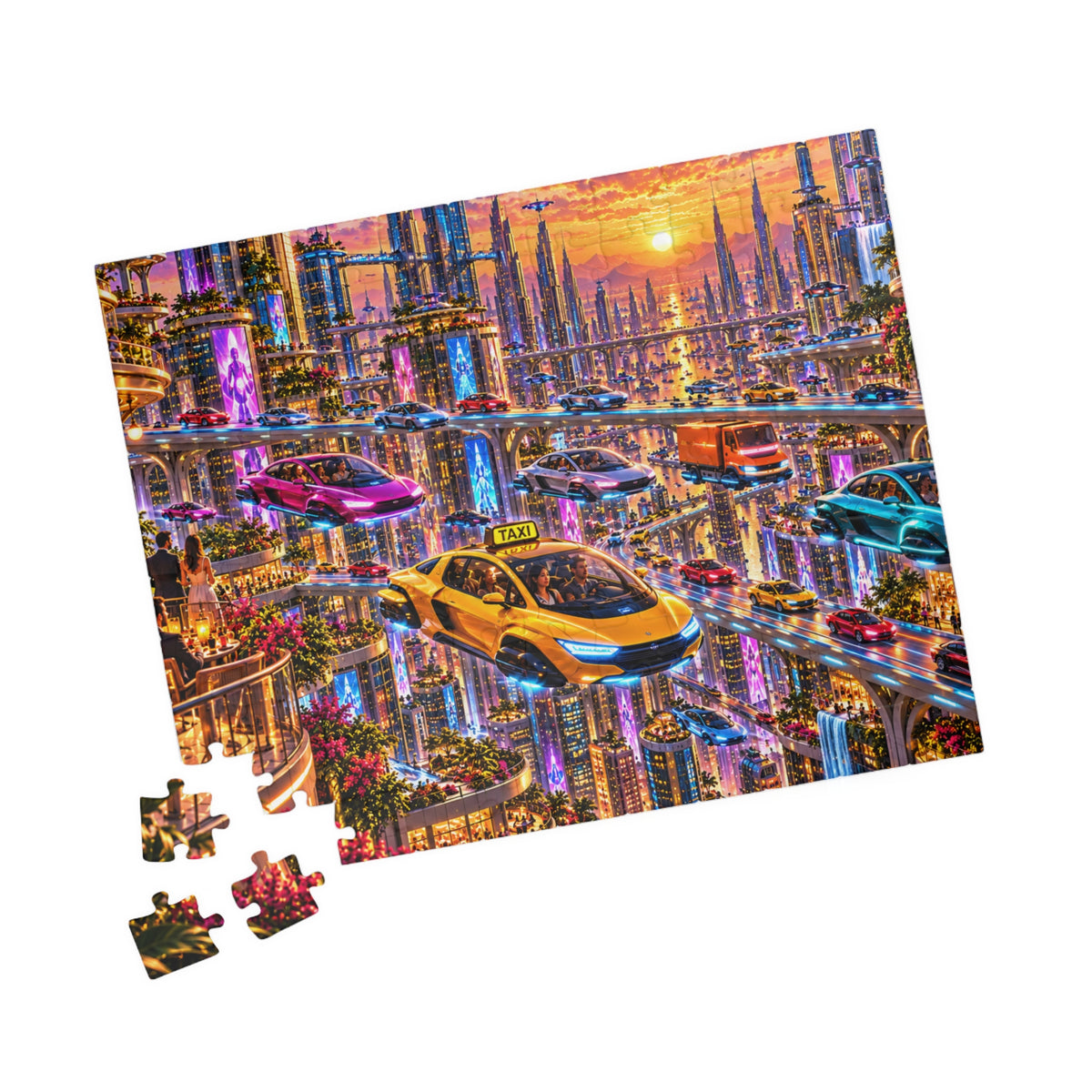 Futuristic City Jigsaw Puzzle - Cyberpunk Flying Cars Sunset - 110, 252, 520, 1014 Pcs
