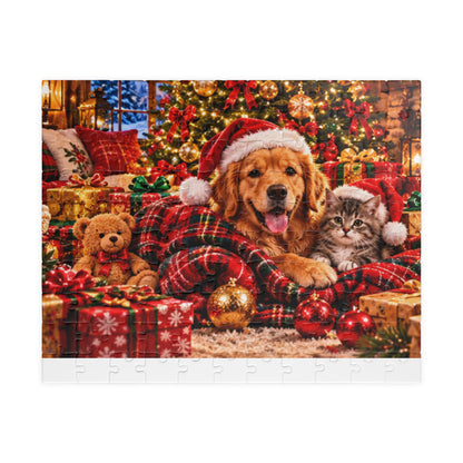 Cozy Christmas Dog and Kitten Jigsaw Puzzle with Santa Hat & Tree