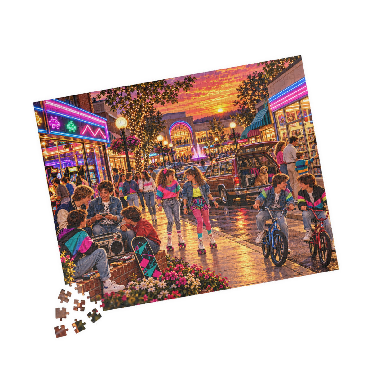 Retro 80s Neon Sunset Mall Jigsaw Puzzle for Adults & Kids | Vintage Nostalgia Gift