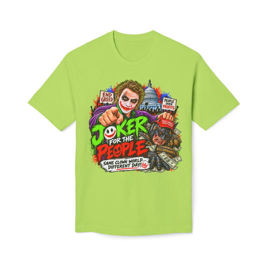 Joker Political Satire Graphic Tee, Unisex Purple & Lime Green Cotton T-Shirt