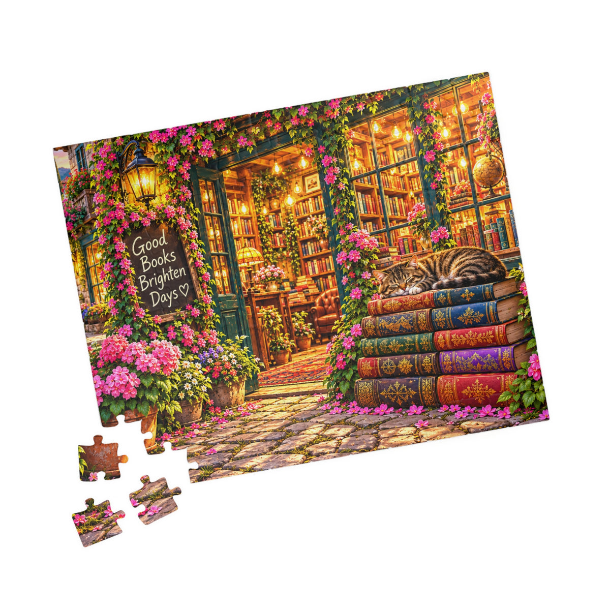 Cozy Bookshop Jigsaw Puzzle for Adults – Cat & Floral Bookstore (110, 252, 520, 1014 Pcs)