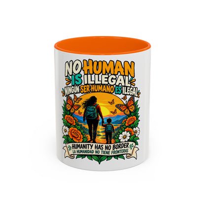 No Human Is Illegal Accent Mug — Immigrant Rights Coffee Cup